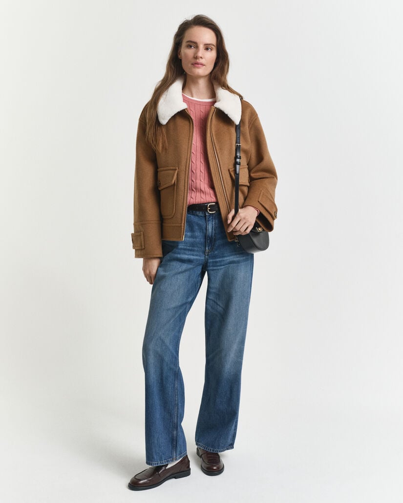 Gebreide kabeltrui met ronde hals van stretchkatoen