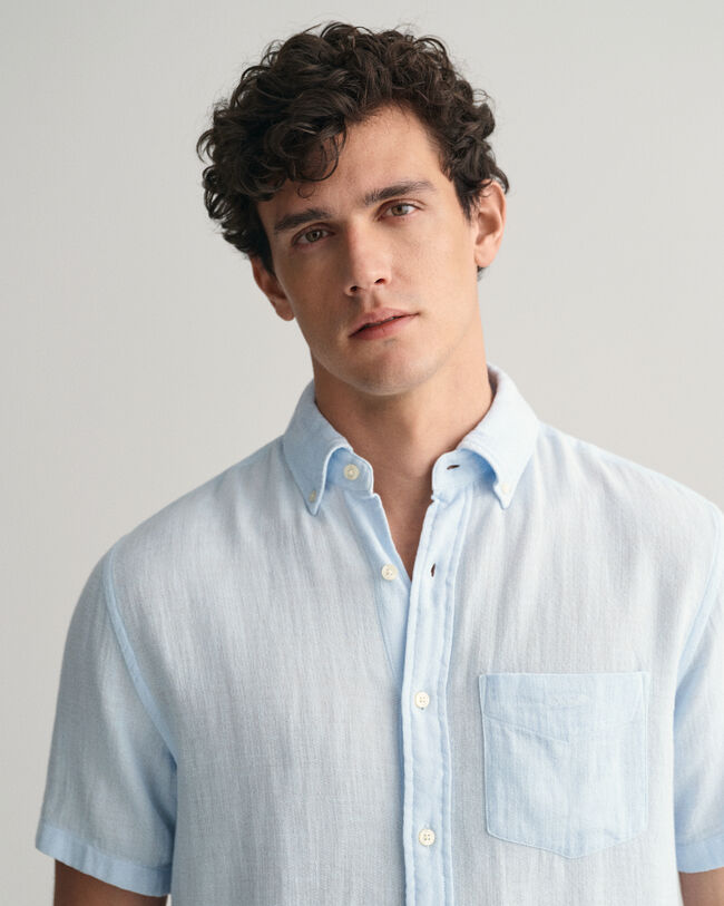 Regular Fit Textured overhemd met korte mouwen van katoen en linnen