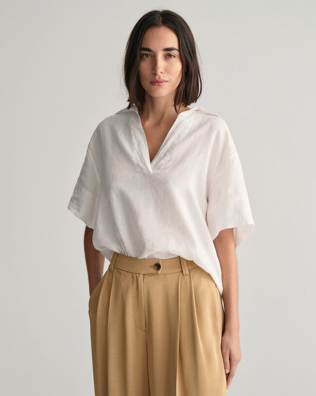 Relaxed Fit linnen Popover blouse met korte mouwen