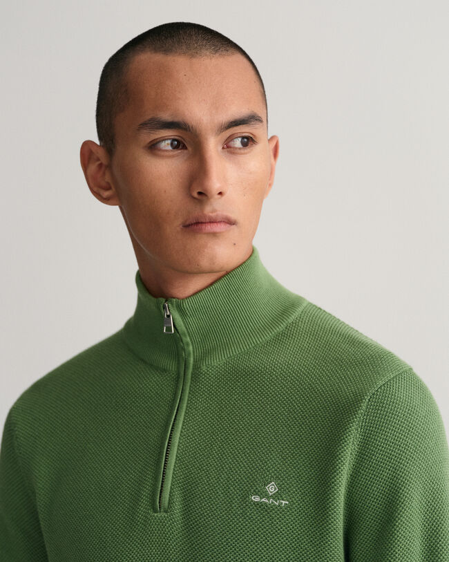 Sweater van katoenpiqu&eacute; met korte rits