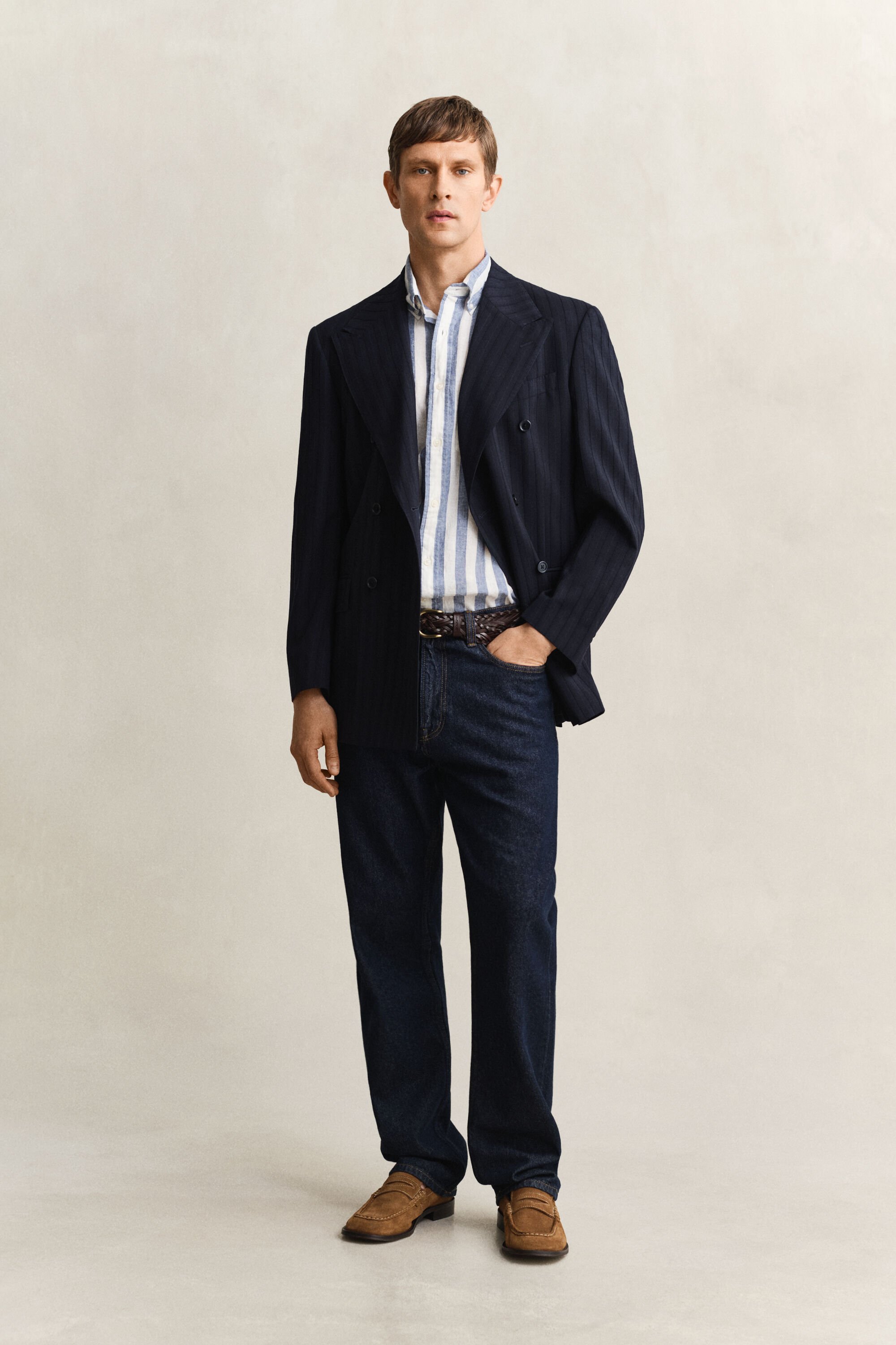 Gestreept overoverhemd met korte mouwen van linnenmix