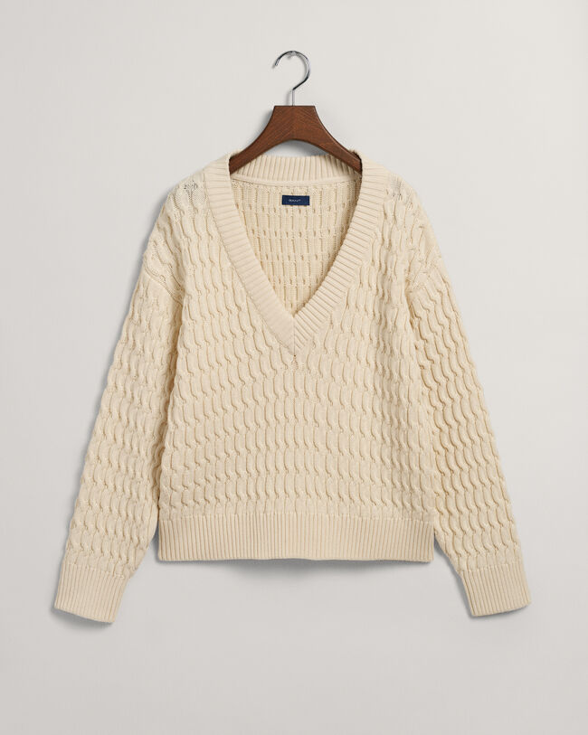 Textured sweater met V-hals van katoen