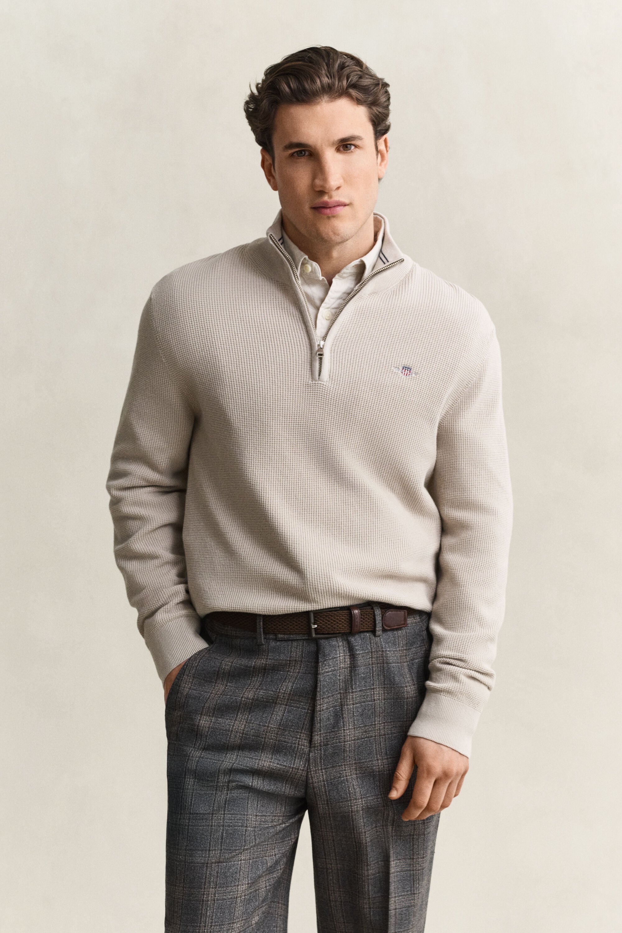 Katoenen Textured sweater met korte rits