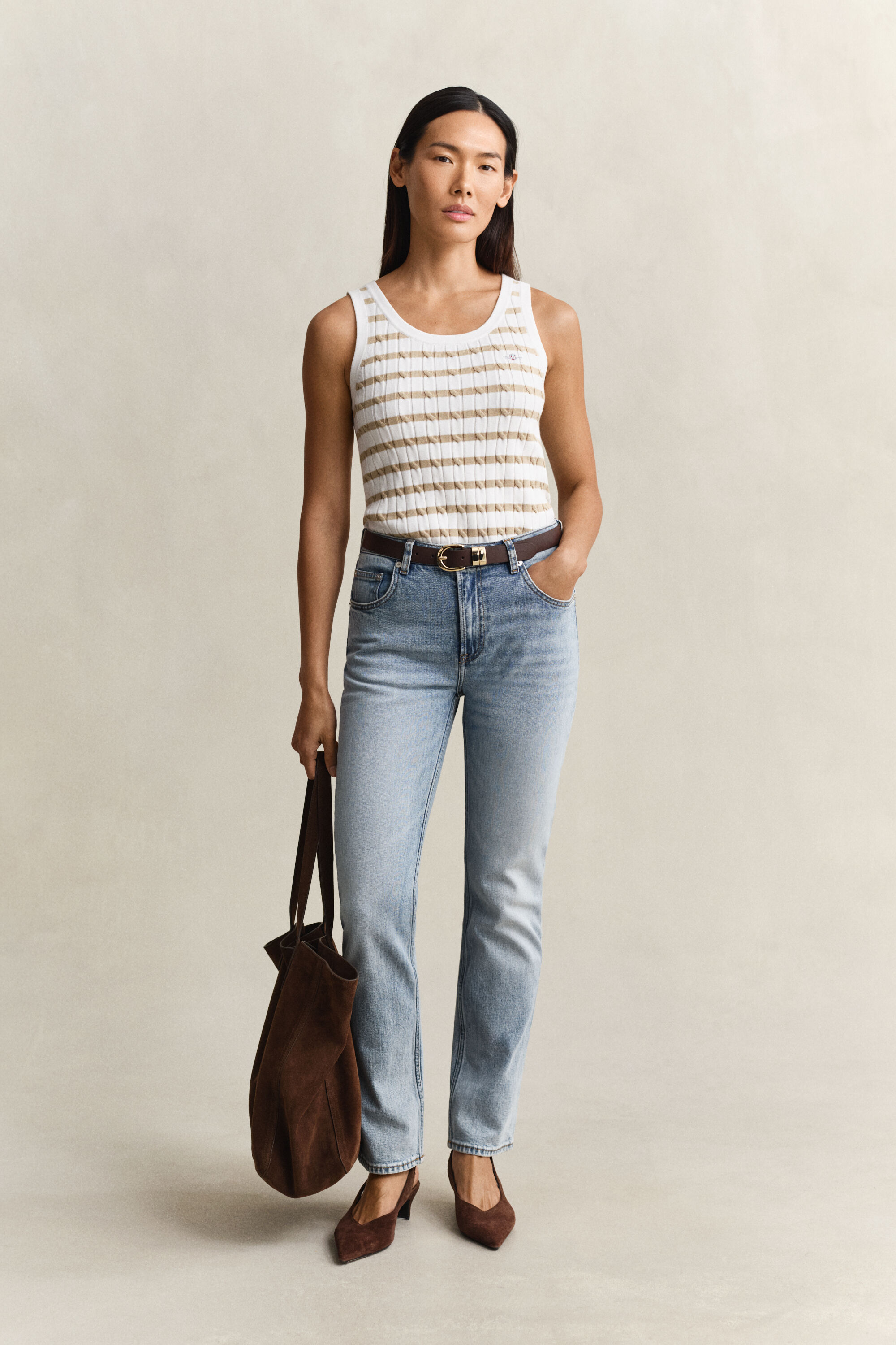 Kabelgebreide tanktop met strepen