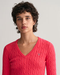 Gebreide kabeltrui met V-hals van stretchkatoen