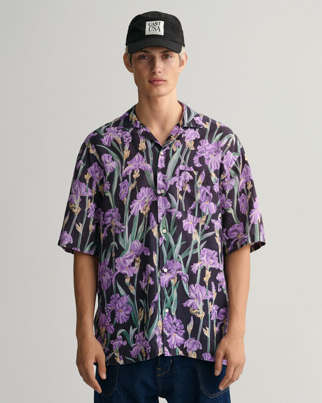 Relaxed Fit Iris-print overhemd met korte mouwen van linnen en lyocell