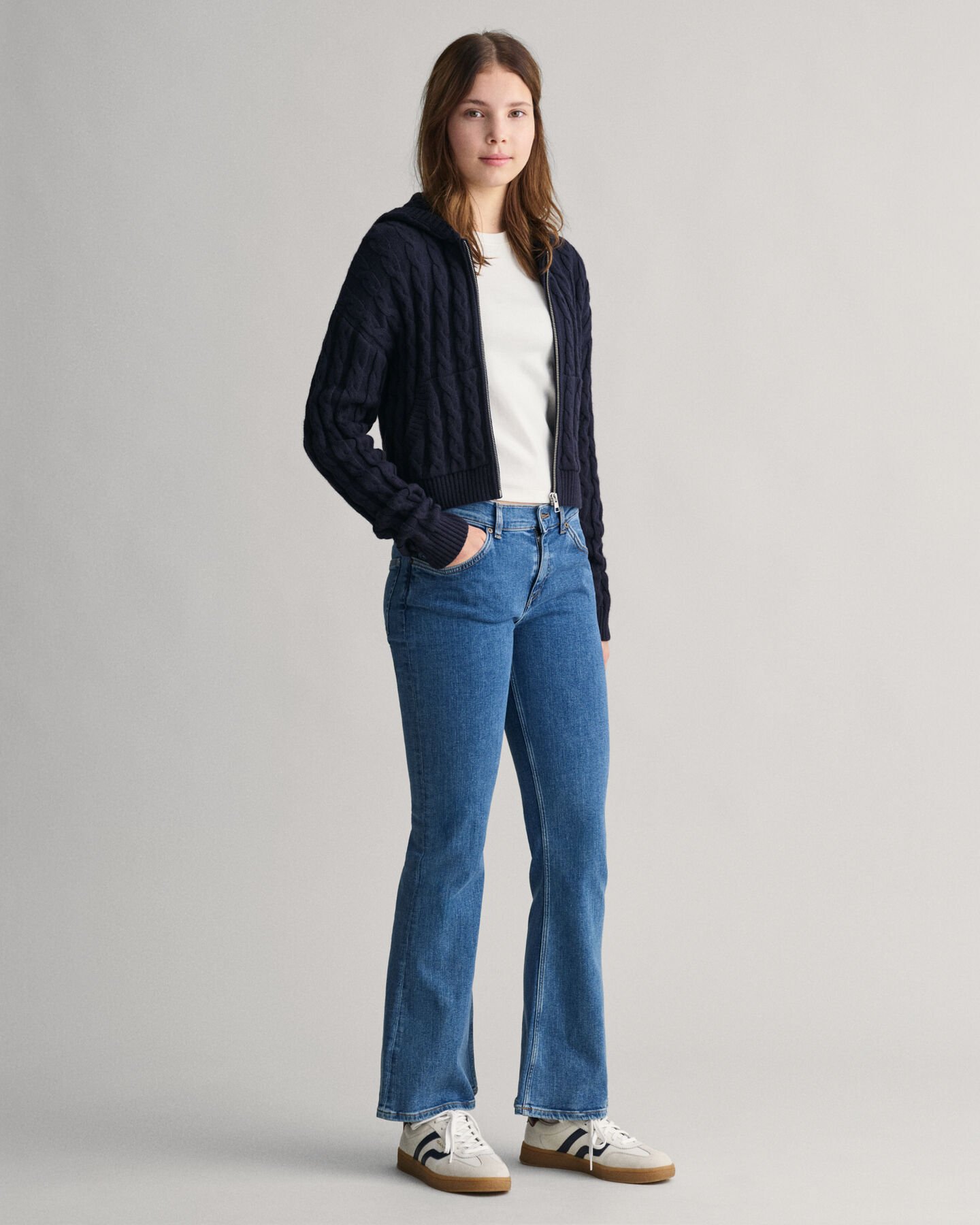 Teen Girls Shield kortere kabelgebreide hoodie met ritssluiting