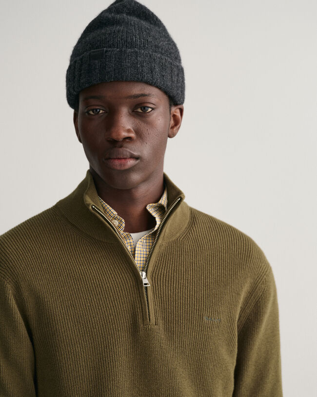 Trui met korte rits van geribde katoen-wolmix