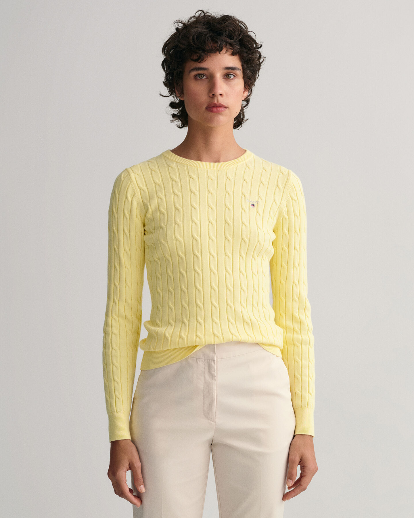 Gebreide kabeltrui met ronde hals van stretchkatoen