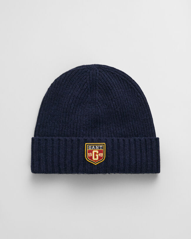 Wollen beanie met badge