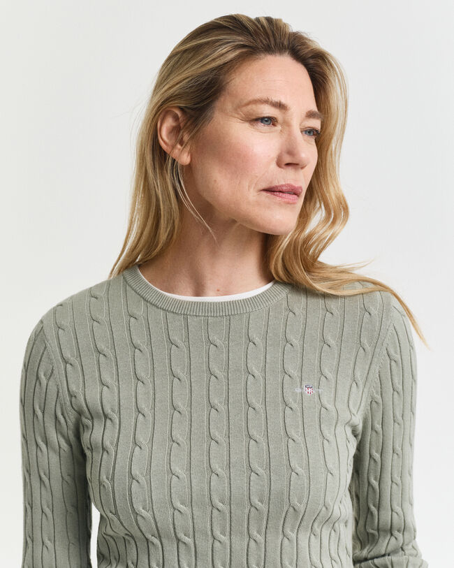 Gebreide kabeltrui met ronde hals van stretchkatoen