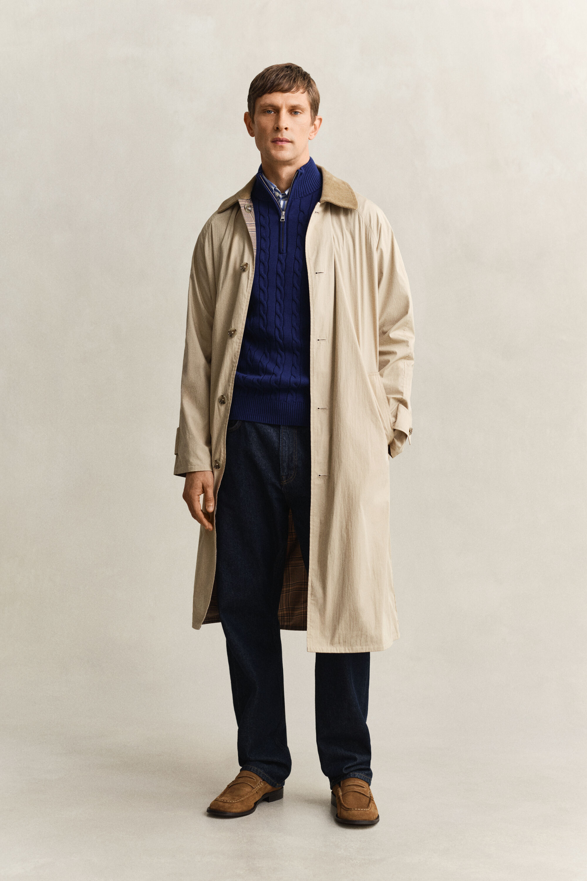 Kabelgebreide trui met korte rit van katoen