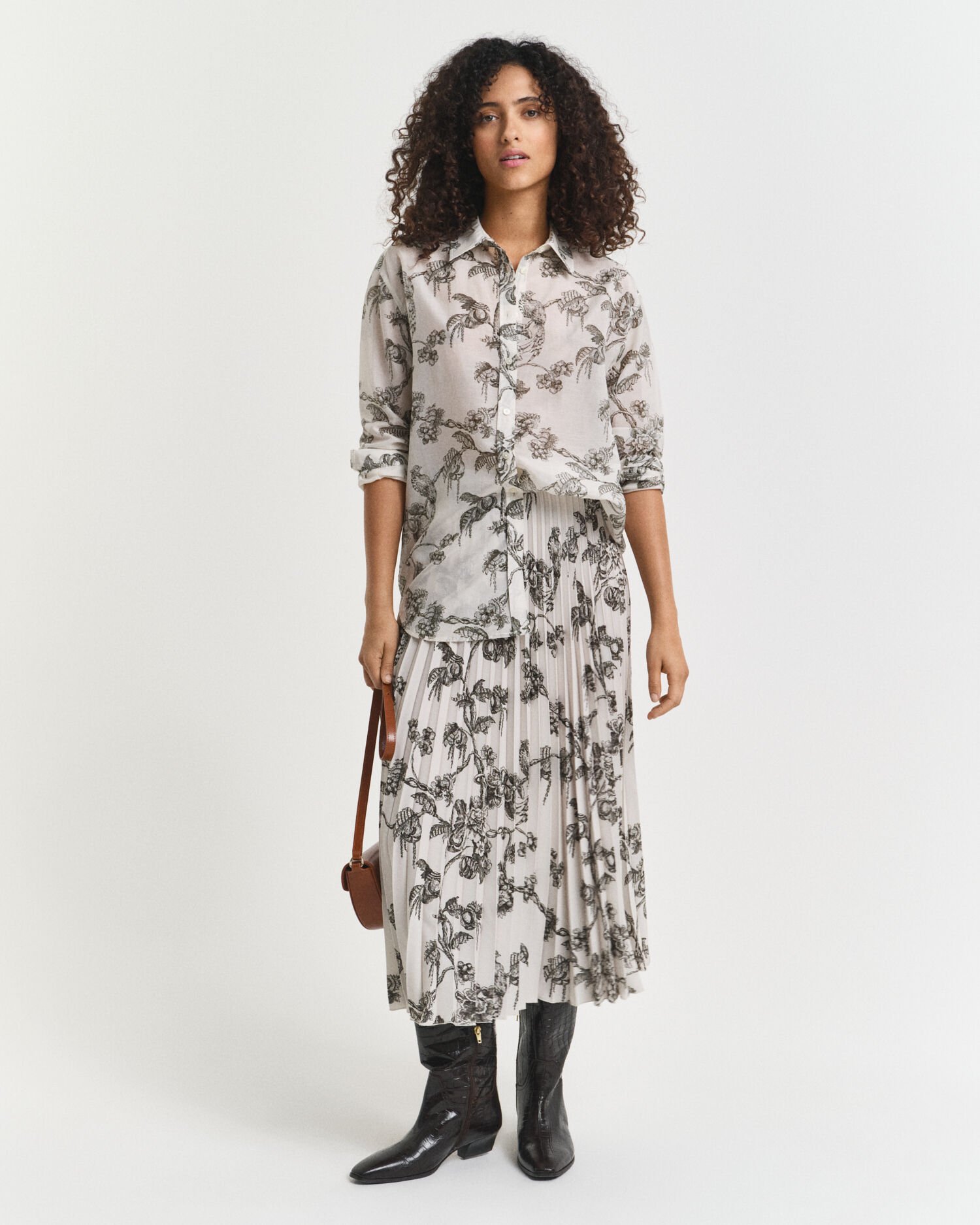 Halflange plooirok met boomprint