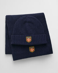 Cadeauset met wollen beanie en sjaal met badge