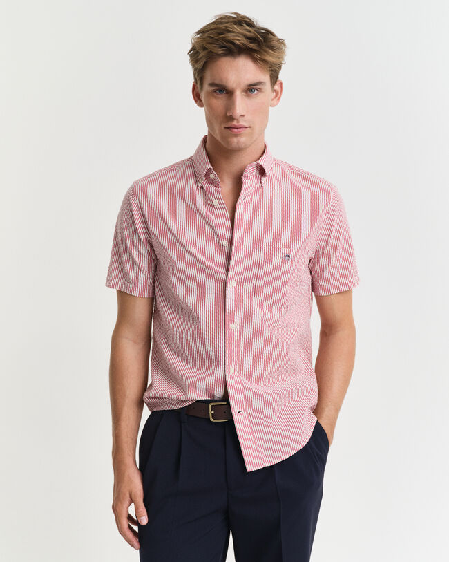 Regular Fit gestreept seersucker overhemd met korte mouwen