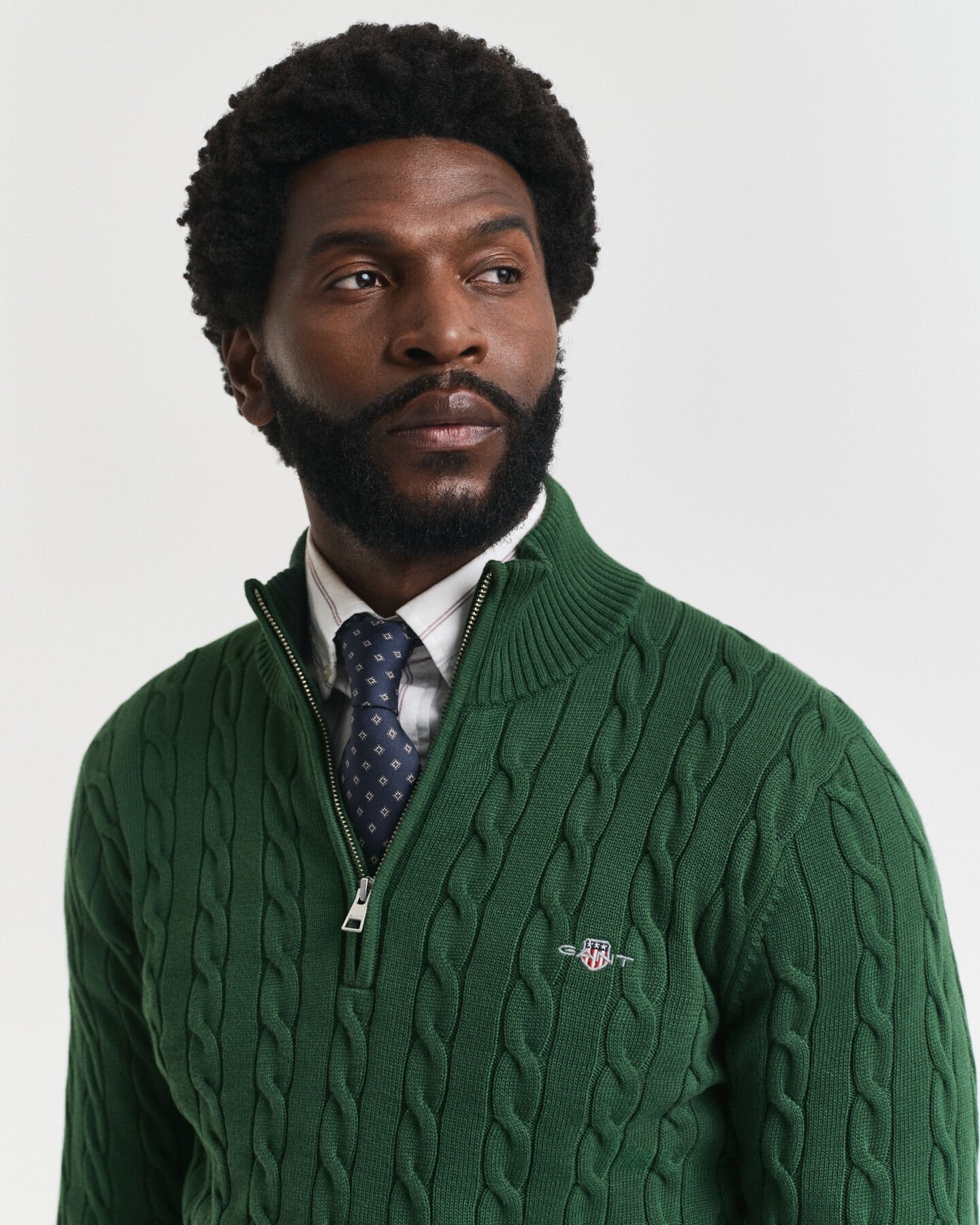 Kabelgebreide trui met korte rit van katoen