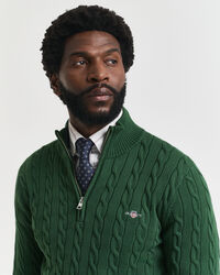 Kabelgebreide trui met korte rit van katoen