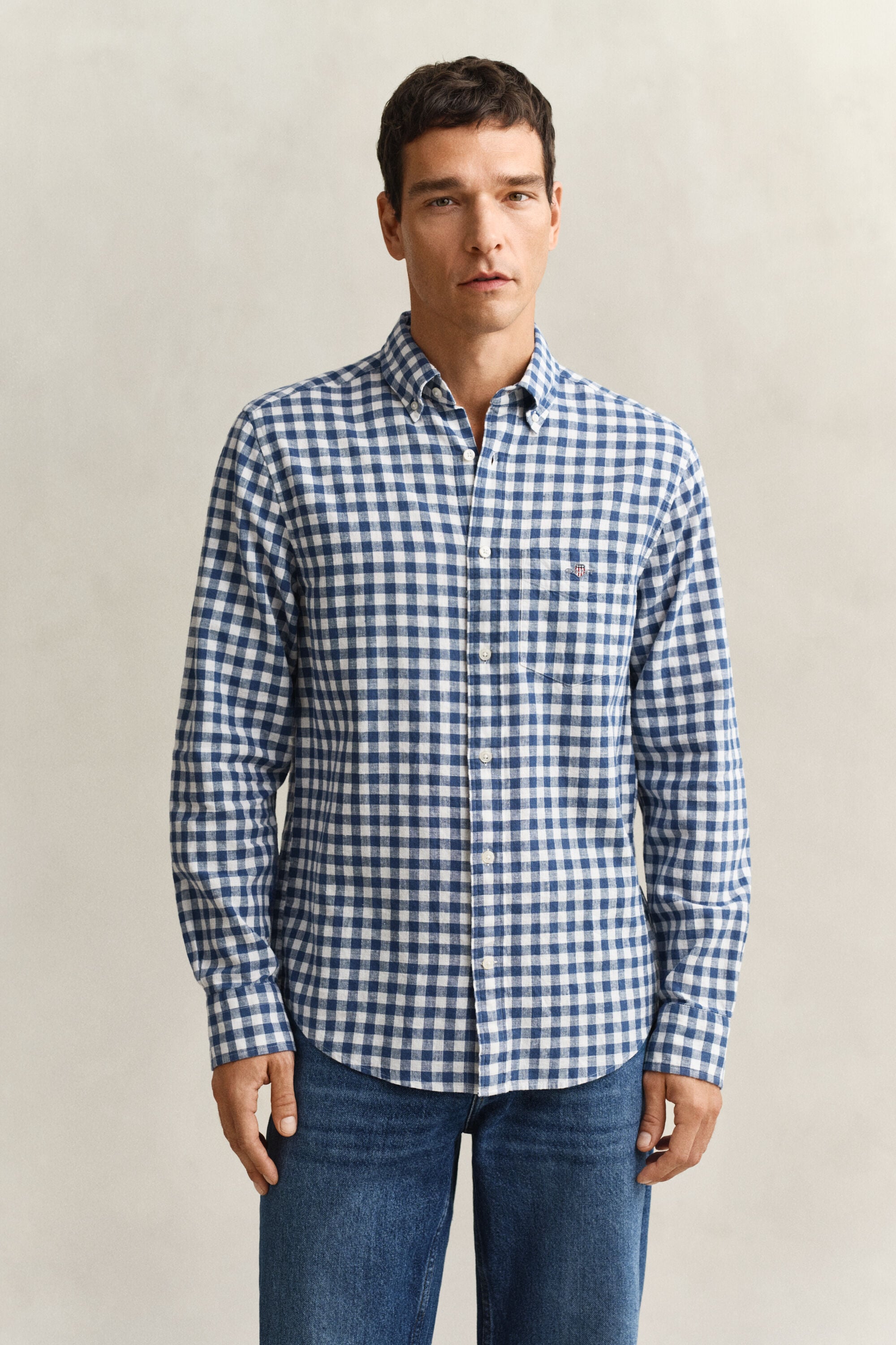 Overoverhemd van linnenmix met Gingham-ruitje