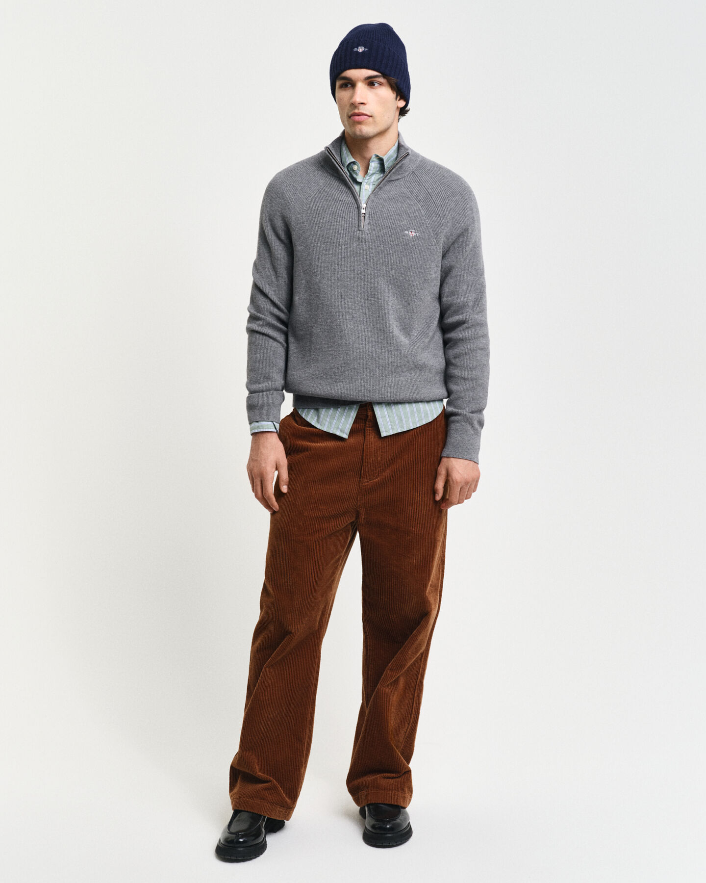 Trui met korte rits van geribde katoen-wolmix