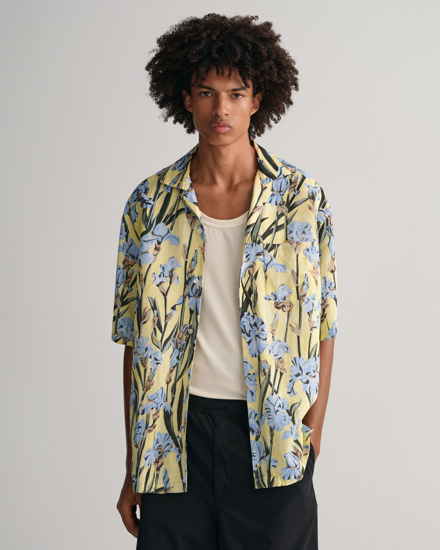 Relaxed Fit Iris-print overhemd met korte mouwen van linnen en lyocell