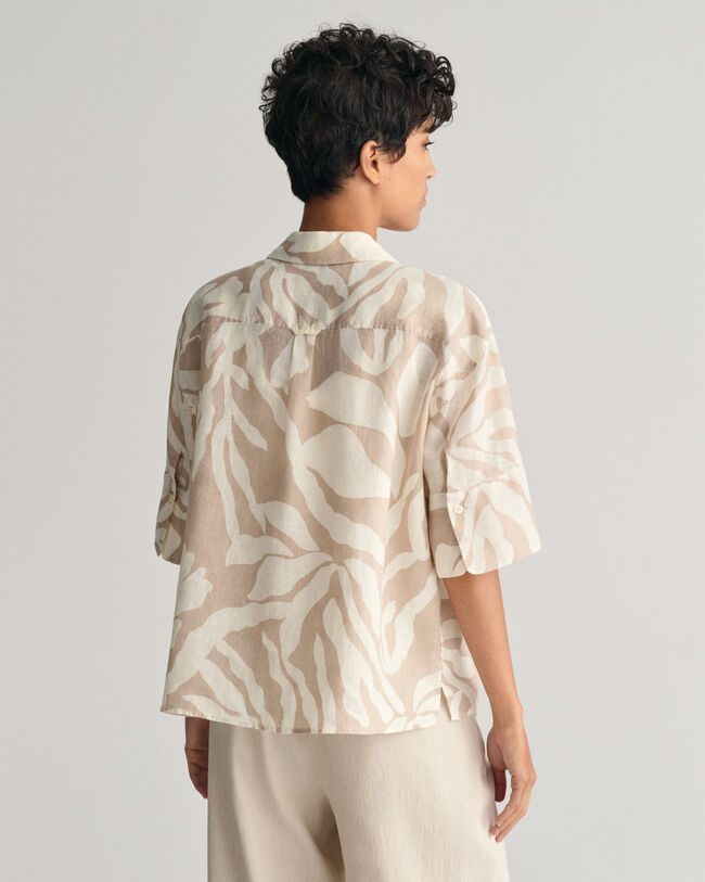 Relaxed Fit Palm Print linnen blouse met korte mouwen