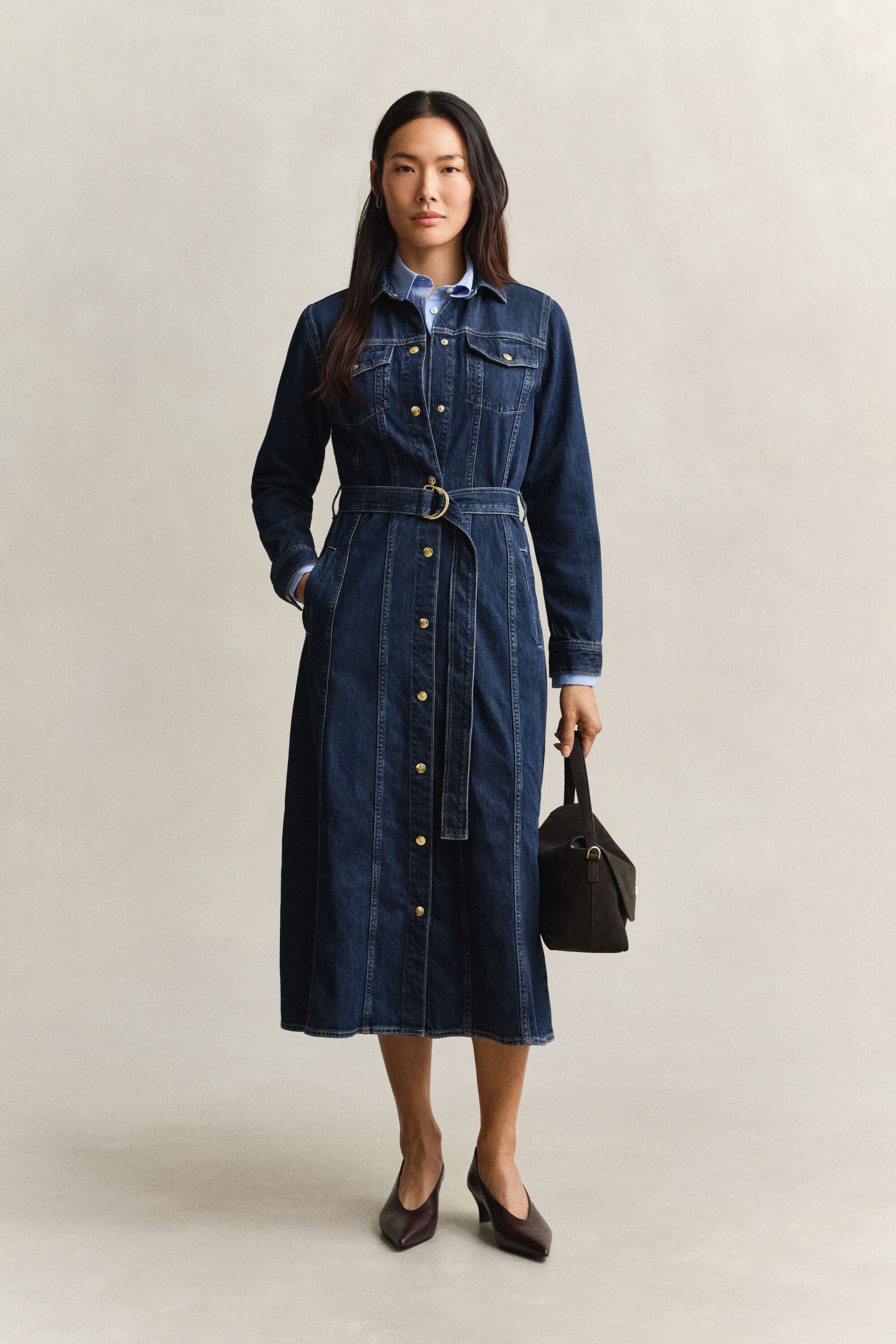 Denim midi-jurk met ceintuur