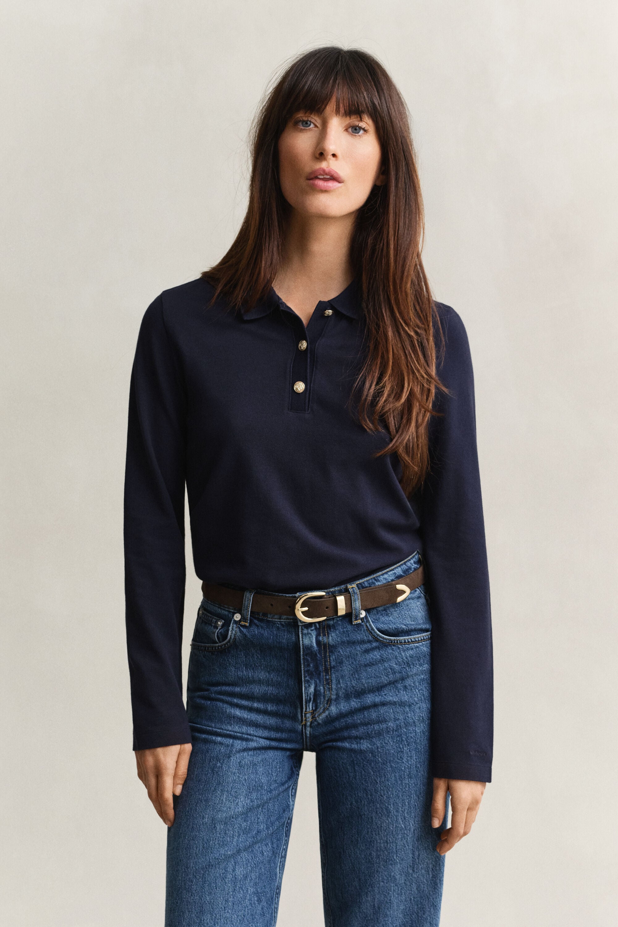 Piqué polotop met lange mouwen