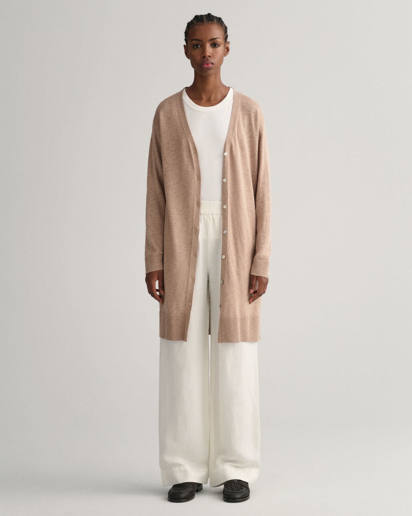 Lang vest met V-hals van linnenmix