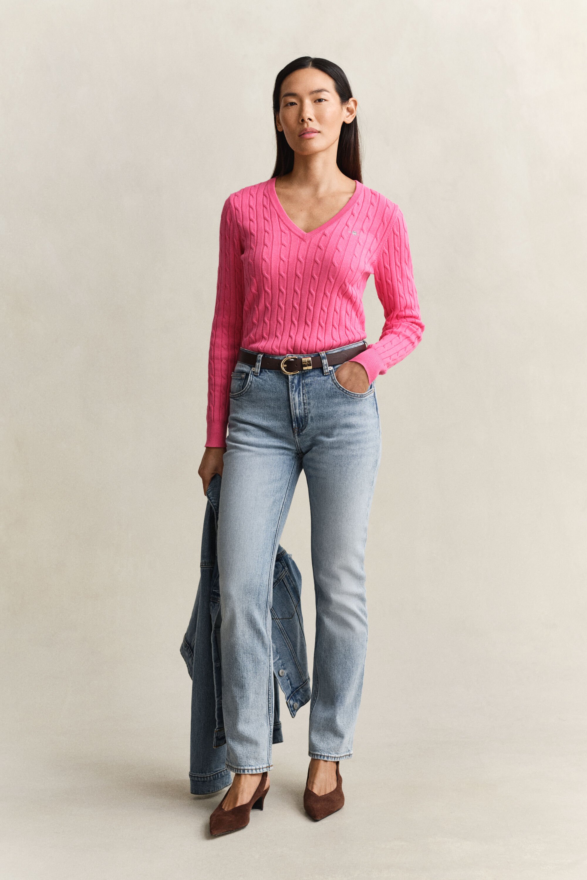 Kabelgebreide trui met V-hals