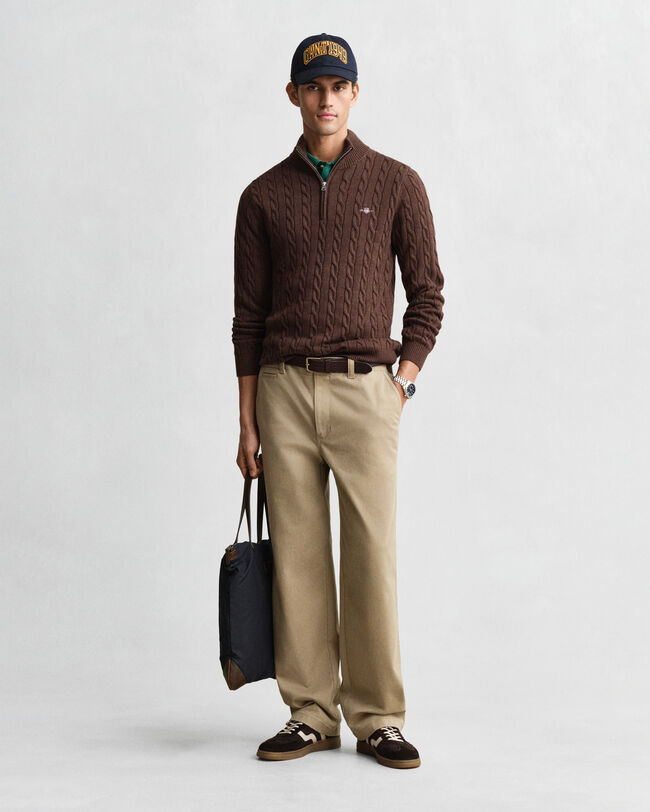 Kabelgebreide trui met korte rit van katoen