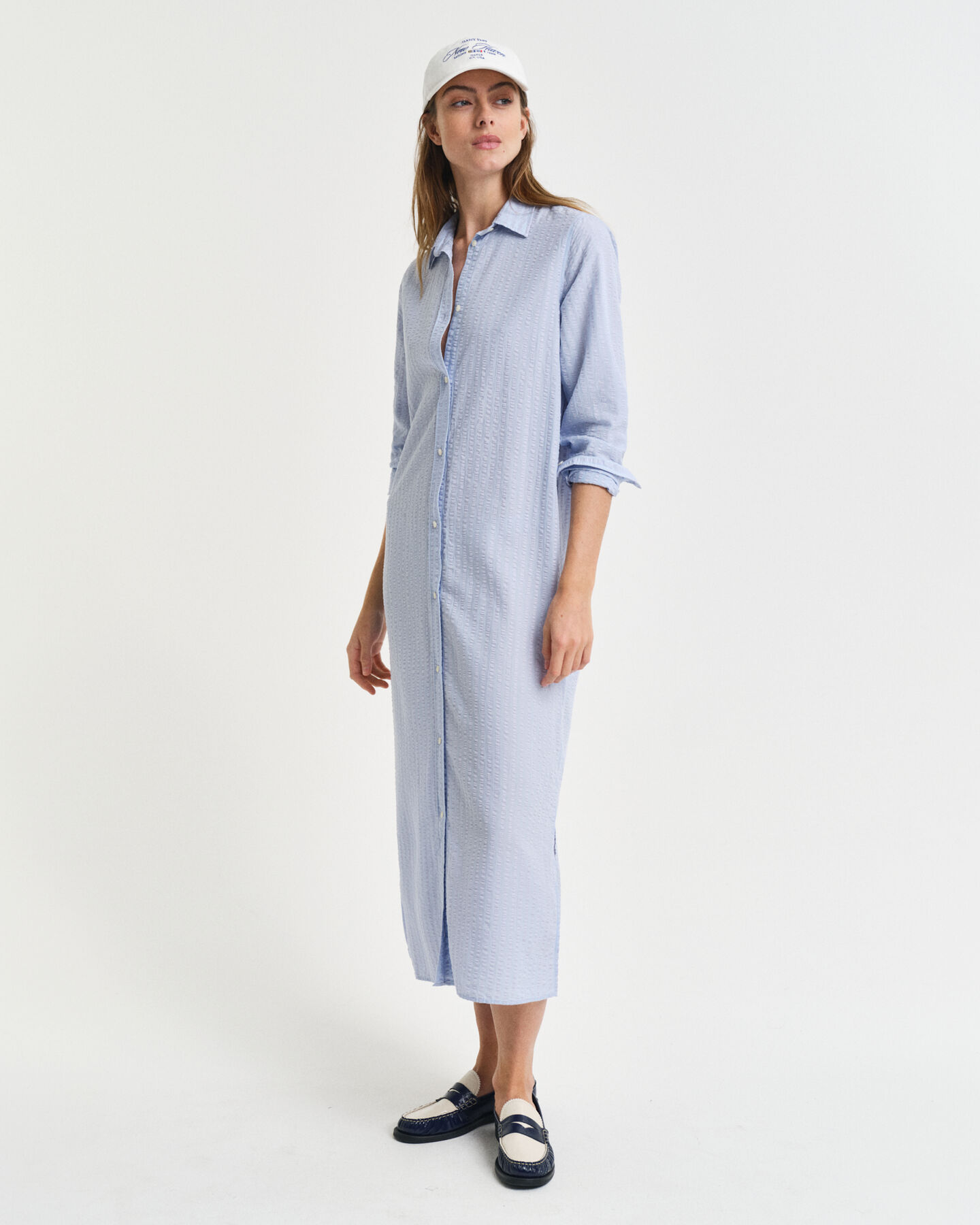 Seersucker jurk met ton sur ton streepje
