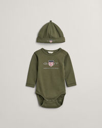 Baby Archive Shield romper & beanie