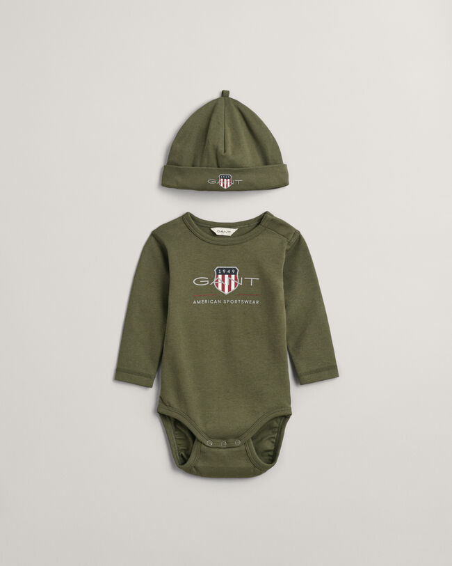 Baby Archive Shield romper & beanie