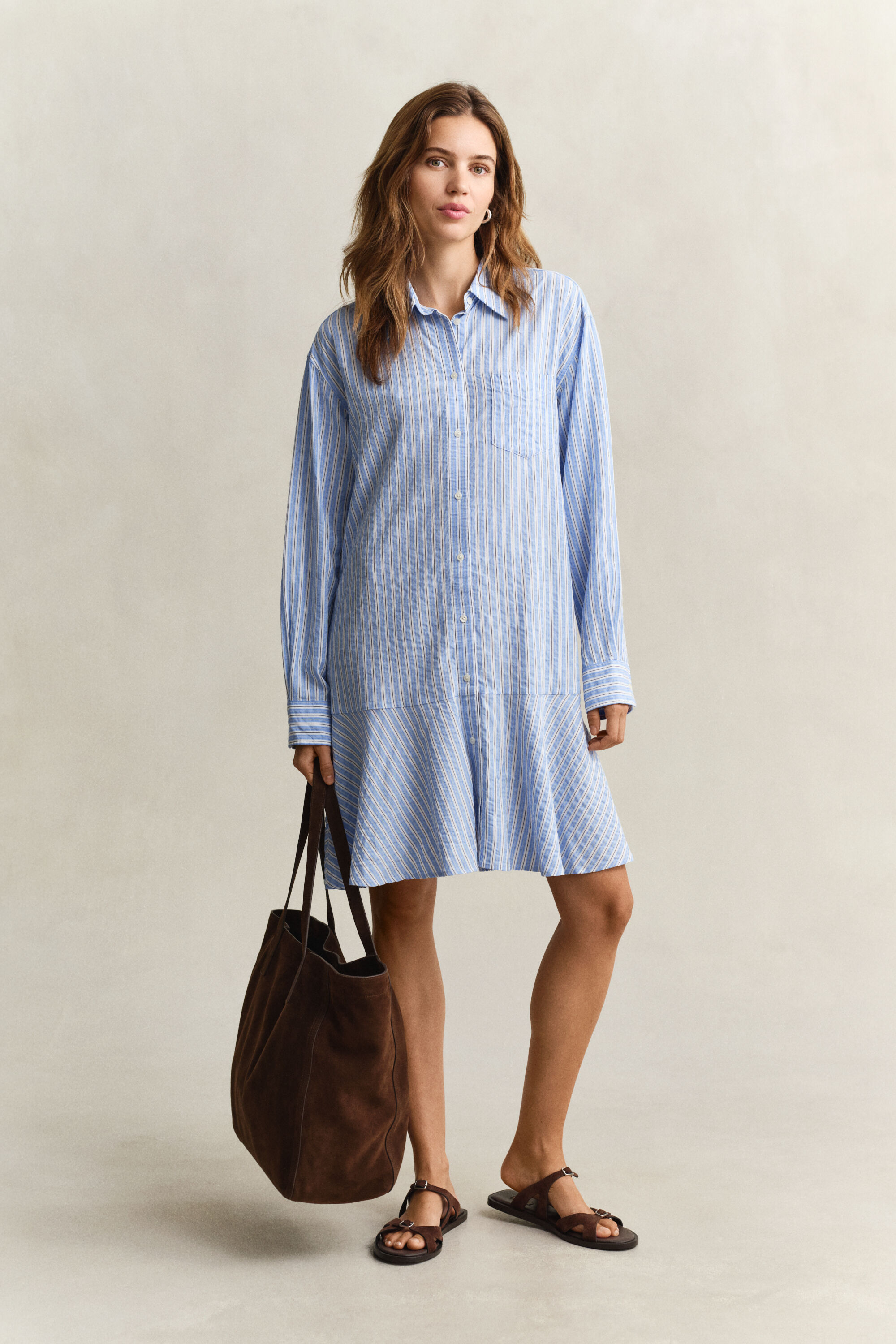 Gestreepte seersucker overoverhemdjurk