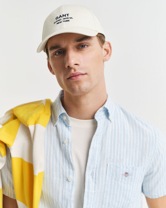 Regular Fit gestreept overhemd met korte mouwen van katoen en linnen