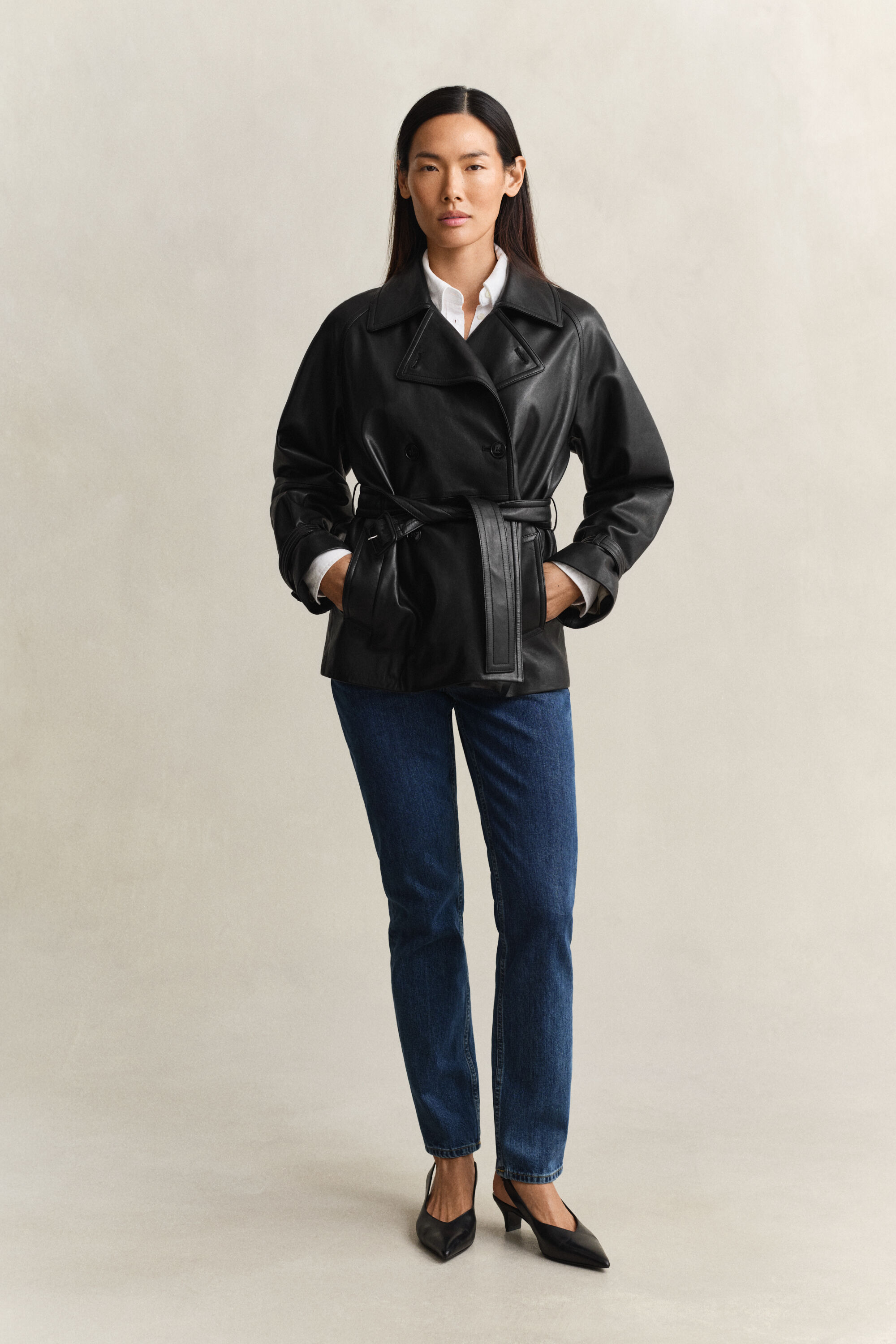 Korte leren trenchcoat