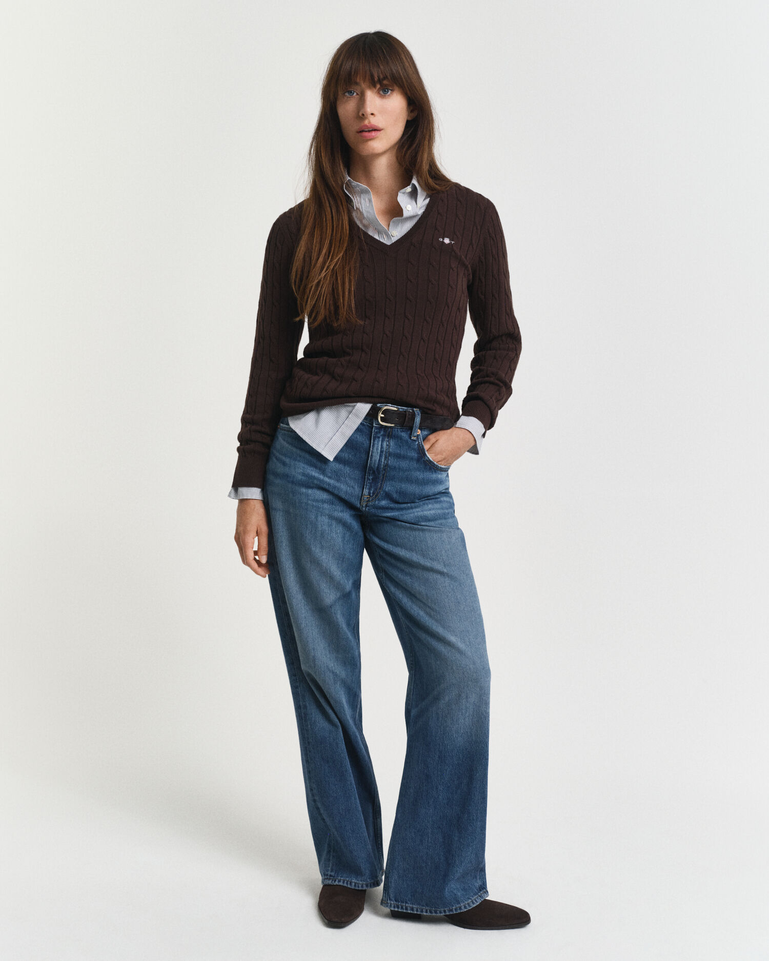 Kabelgebreide trui met V-hals