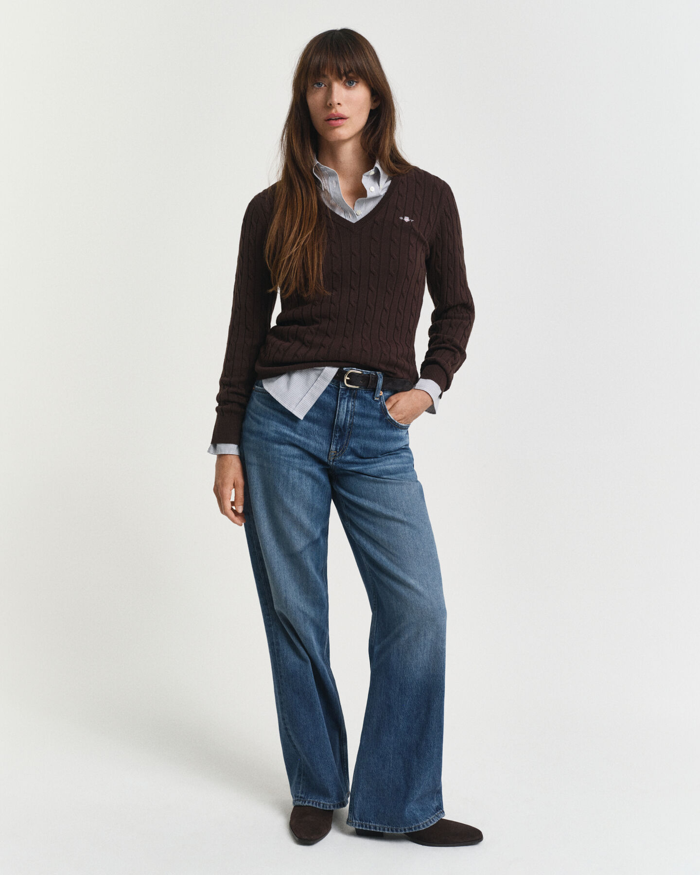 Gebreide kabeltrui met V-hals van stretchkatoen