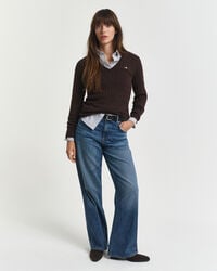 Gebreide kabeltrui met V-hals van stretchkatoen