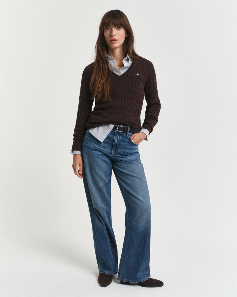 Gebreide kabeltrui met V-hals van stretchkatoen