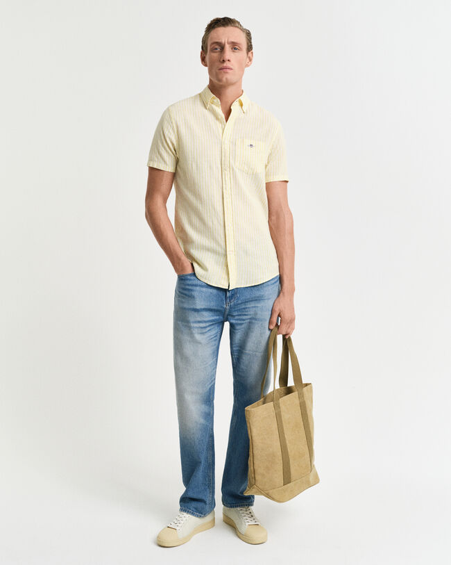 Regular Fit gestreept overhemd met korte mouwen van katoen en linnen