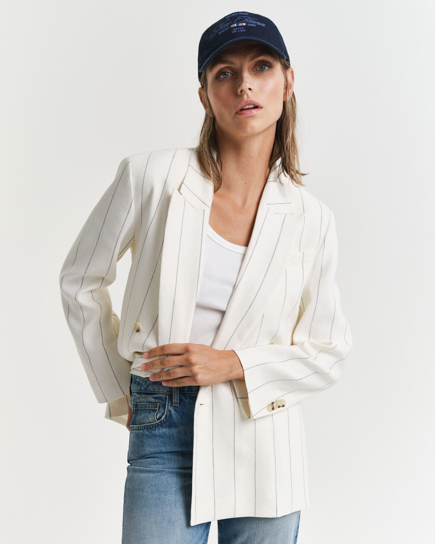 Linnen Club Blazer met krijtstreep