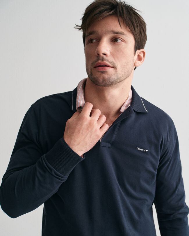 Poloshirt met getextureerde kraag en lange mouwen