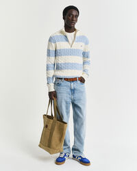 Kabelgebreide trui van katoen met korte rits en strepen