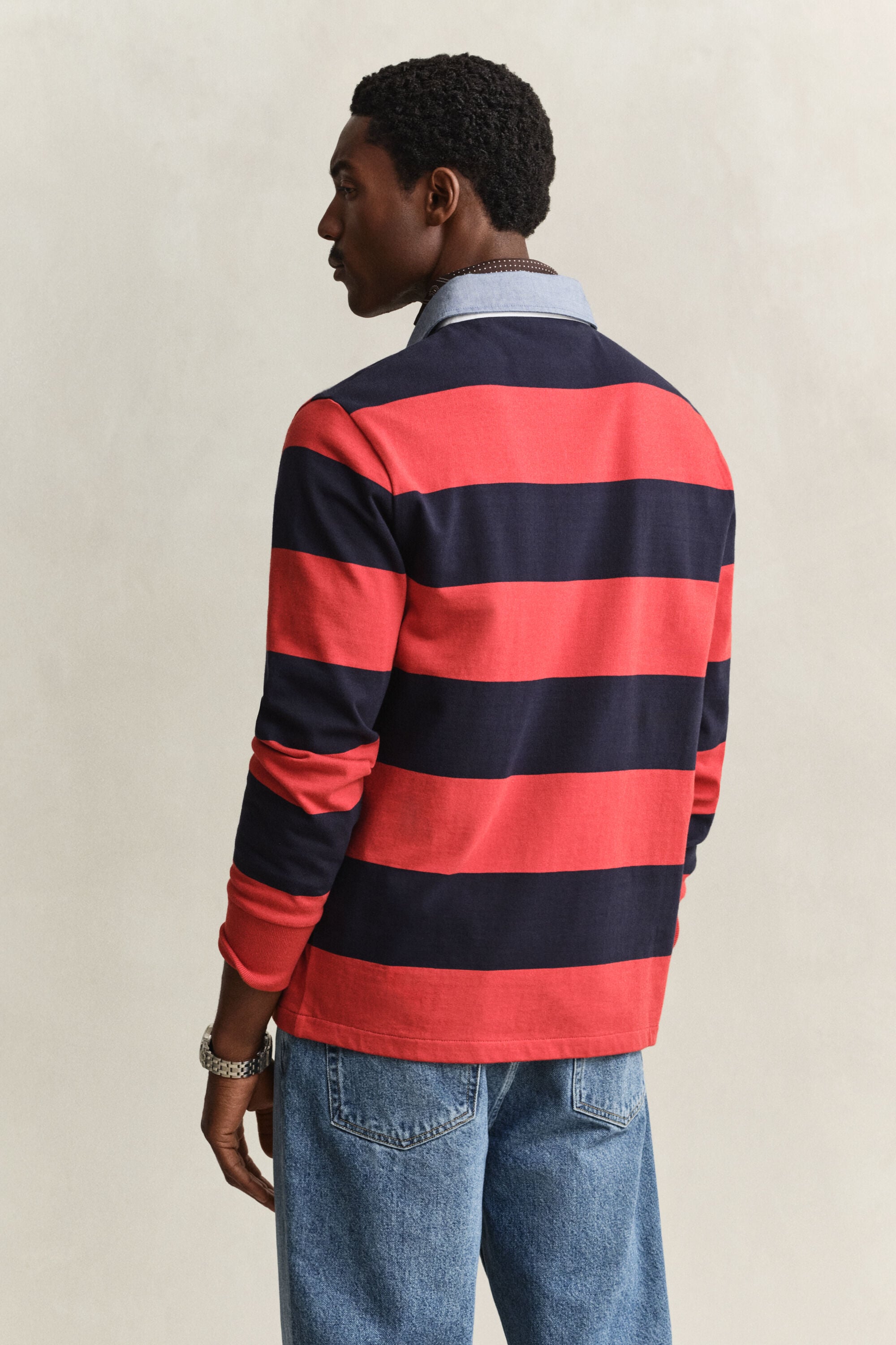 Gestreepte Heavy Rugger met chambray kraag