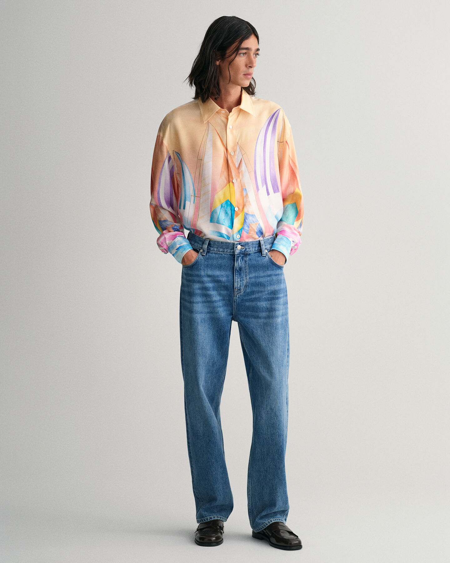 Oversized Sailing Print zijden overhemd