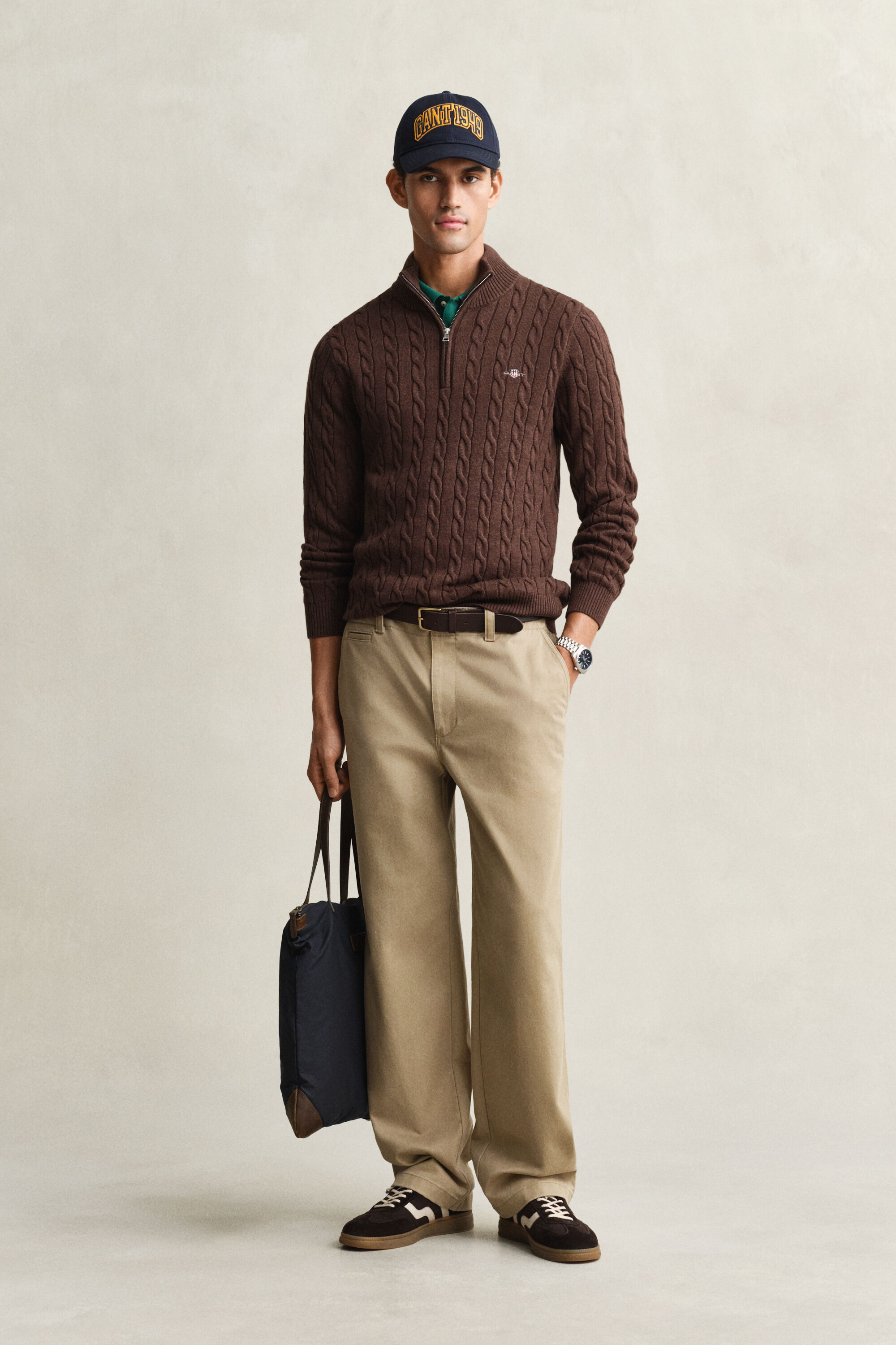 Kabelgebreide trui met korte rit van katoen