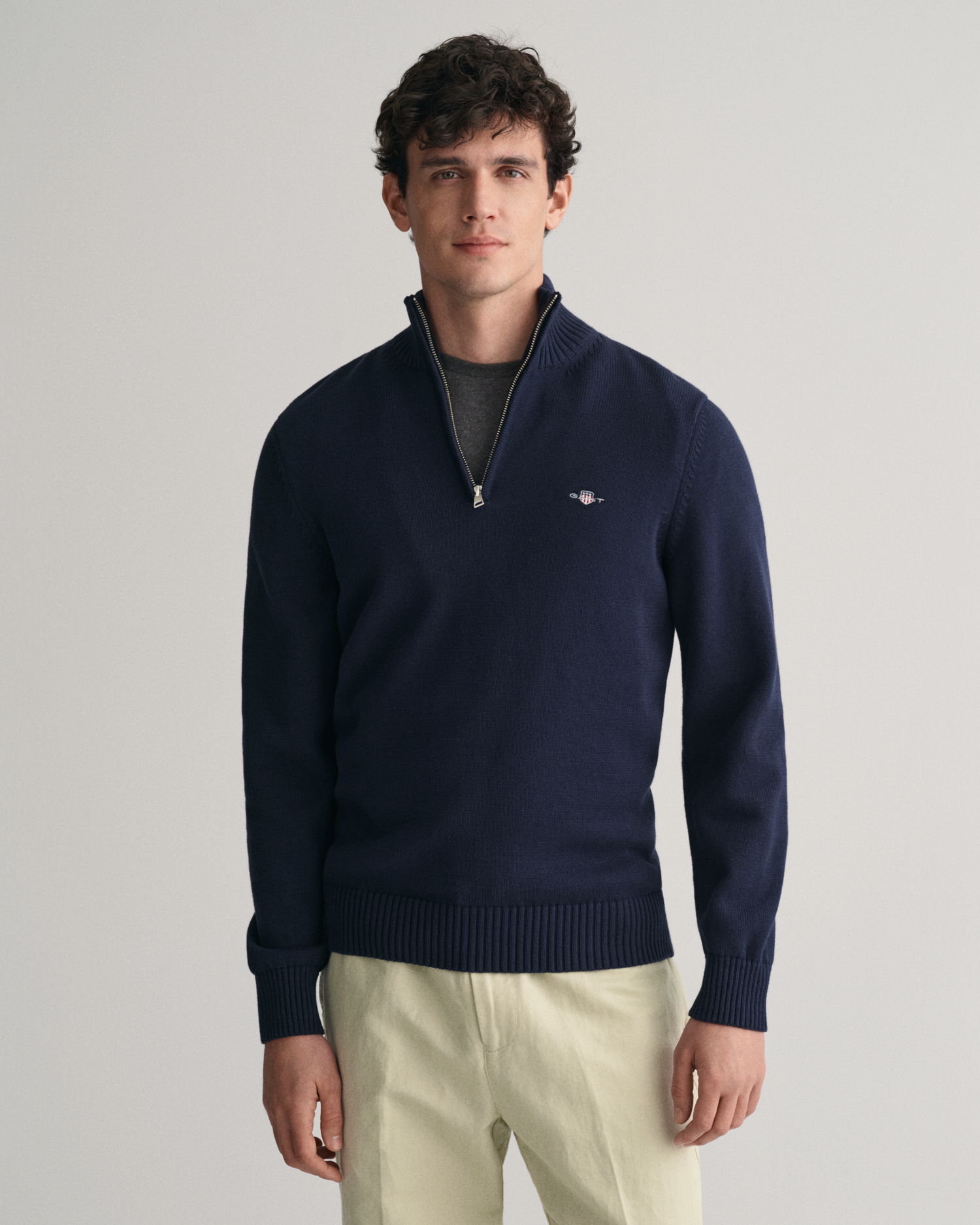 87213 436 Gant heren kobaltblauw zipper trui ritsje superfine lamswol